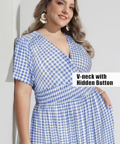 Image of CARCOS Plus Size Dresses for Curvy Women V Neck Summer Maxi Dress Short Sleeve Floral Boho Dress Smocked Waist Beach Dress