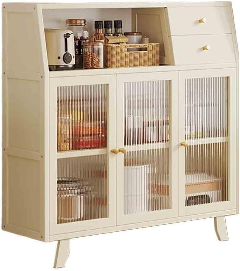 Buffet Cabinet Three-Door Glass Sideboard for Kitchen and Living Room Floor-Standing with Storage Drawers Kitchen Cabinet
