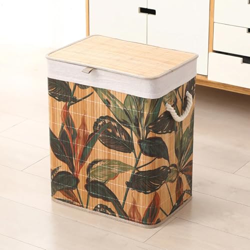 Image of Kura by Ekhasa Leaf Laundry Basket with Lid 60L, Bamboo Laundry Basket for Clothes, Foldable Laundry Hamper Basket with Removable Laundry Bag for Bedroom Bathroom Clothes Storage