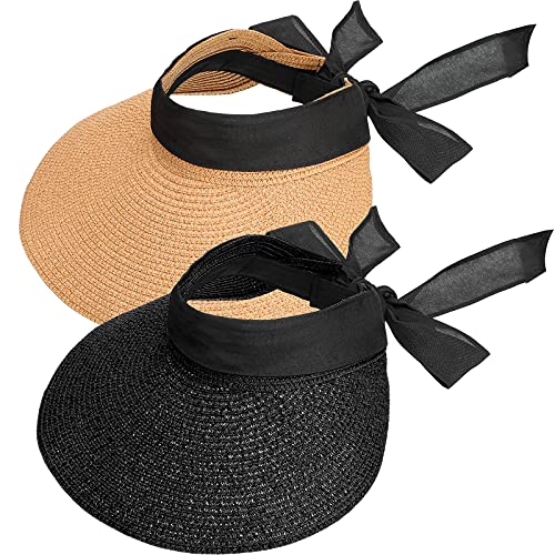2 Pieces Women Wide Brim Sun Visor Hat Foldable Straw Hats for Summer UV Protection Roll-up Golf Visor Hat Summer Beach Hat (Black, Khaki)
