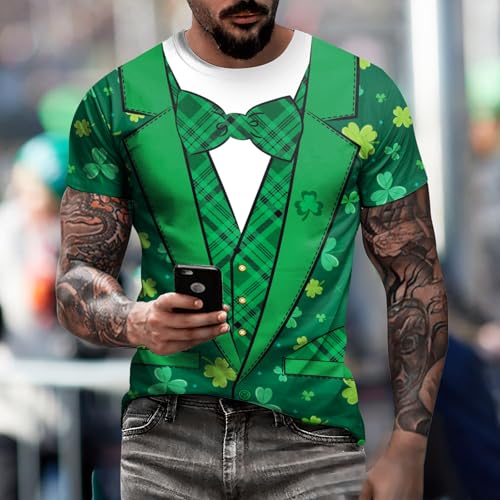Image of Eciodci Men's St Patricks Day T-Shirts Novelty 3D Printed Shamrock Tuxedo Tees Shirt Clover Leaves Casual Short Sleeve Shirts