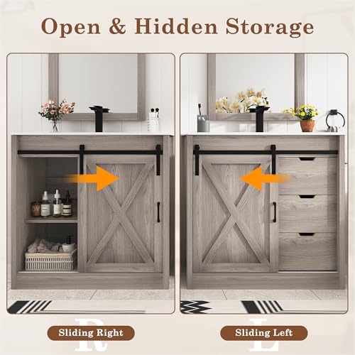 chartustriable 36 Inch Bathroom Vanity with Sink & Faucet & Mirror, Farmhouse Bathroom Vanity Cabinet Set with Sliding Barn Door & Drawers, Small Single Bath Storage Vanity Sink, Grey - Thumbnail 7