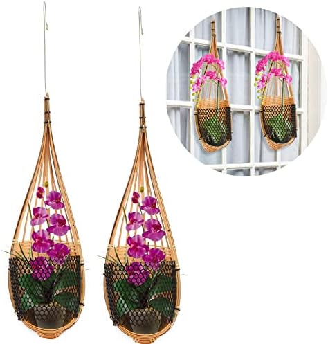 JASREE Pack of 2 Orchid Planter Thai Bamboo Woven, Vintage Wall Mounted Orchid Planter Hanging Orchid Basket with Metal Hook for Trellis Gazebo Indoor Outdoor
