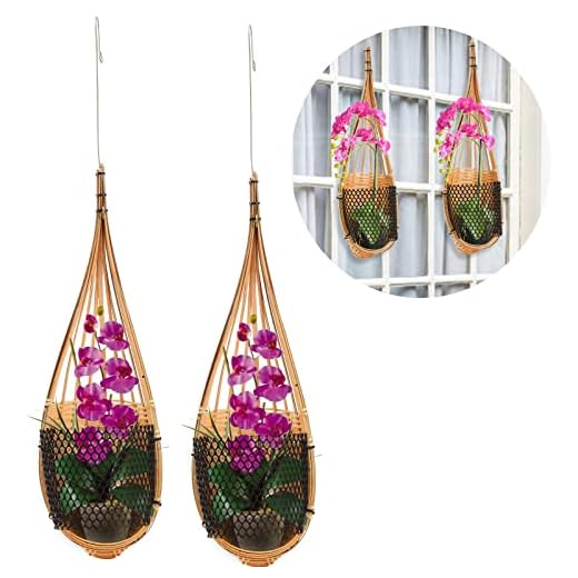 2PCS Orchid Hanging Planter Bamboo Woven 4.7 Inch Hanging Orchid Basket with Metal Hook, Bird Nest Style Plant Hangers for Trellis or Gazebo, Small Flower Plants Planter