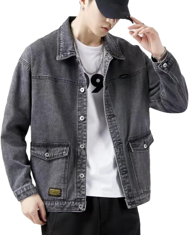 Denim Jacket Men Autumn Turn Down Collar Bomber Jeans Coats Multi-Pocket Casual Outerwear