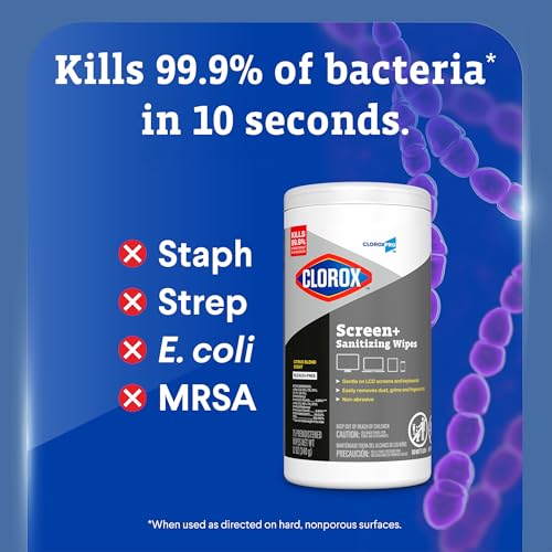 CloroxPro Clorox Screen+ Sanitizing Wipes, Disinfecting Wipes for Electronics, Gentle on Phones, Tablets, LCD Screens, Laptops and Sensitive Surfaces, Citrus Blend Scent, 1 Canister, 75 Wipes, 6 Pack by CloroxPro - Image 3