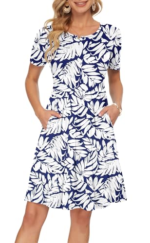 Image of AUSELILY Women's Short Sleeve Pleated Swing Summer Dress with Pockets | Knee-length short sleeve dress, empire waist & pockets, ideal for casual daily wear and vacation