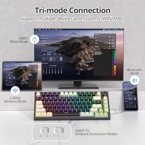 Image of 75% Wireless Creamy Mechanical Keyboard, Hot Swappable Custom Keyboard, RGB Backlit Gasket Gaming Keyboard, 2.4G /BT5.0 /USB-C Mechanical Gaming Keyboard, Pre-lubed Linear Gray Cream Switches