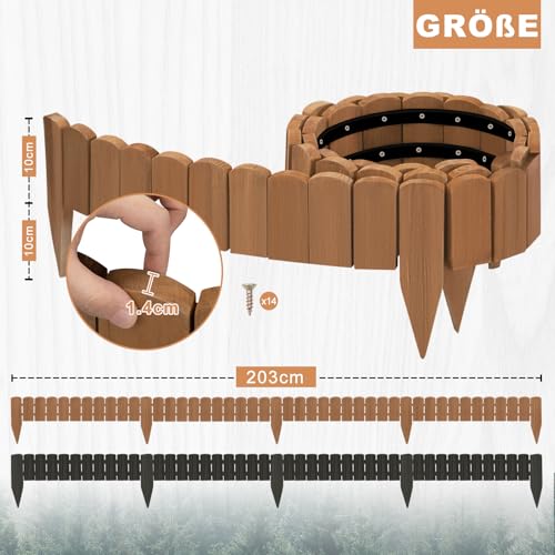 WOLTU Rollborder, Flexibler Holzzaun, Beeteinfassung Beetumrandung Rasenkante Gartenzaun Holz, Deko für Garten Blumenbeet, 203x10 cm, Dunkelbraun