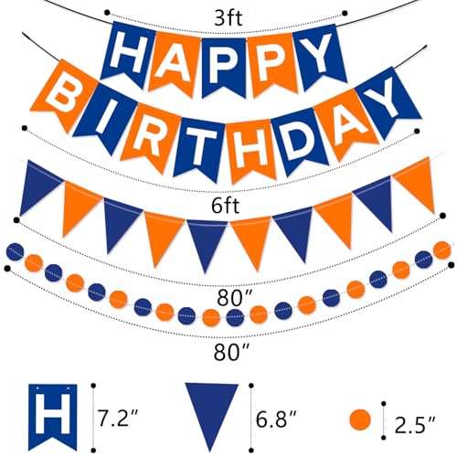 Image of Blue & Orange Birthday Party Decorations - Happy Birthday Banner, Honeycomb Balls, Swirls, Circle Dot Garland, Triangle Flags Bunting