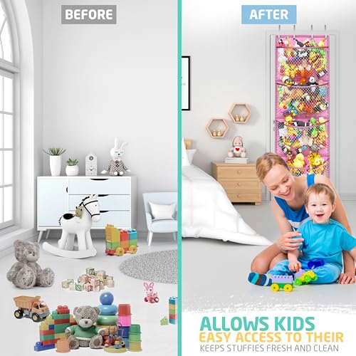 Honeyera Storage for Stuffed Animal - Over Door Organizer for Stuffies, Baby Accessories, and Toy Plush Storage with Breathable Hanging Pockets, Big Girls Chair Toddler Large Bag