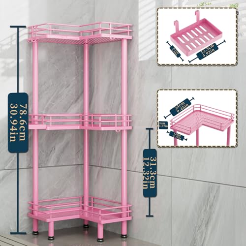 Image of Consumest Corner Shower Caddy Standing - 3-Tier Stainless Steel Shower Organizer with Soap Holder and 4 Hooks, Large Capacity Corner Shelf Stand for Bathroom, Rest Room, Pink