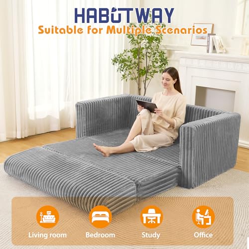 Image of HABUTWAY 49.8 inch Loveseat Boneless Couch, 4-in-1 Convertible Sofa Bed, Plush Fur Folding Futon Sofa Bed Couches for Living Room, High-Density Foam Support, No Assembly Required, Light Grey