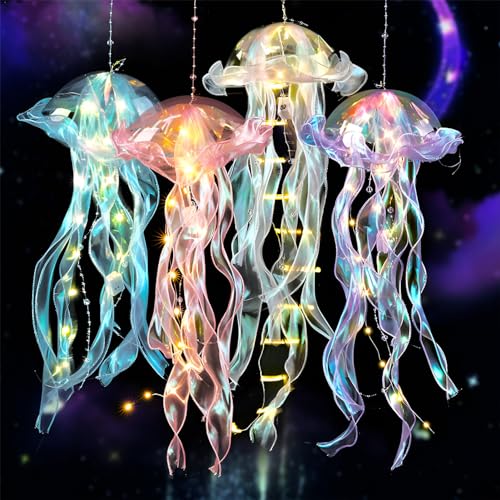 Jelly-Fish Lantern Lamp 4 Pcs Colorful LED Jelly-Fish Shape Light Decors for Birthday Party Bedroom Hanging Light Atmosphere Lamp Under The Sea Party Decor Girl Baby Shower Ocean Outdoor Décor Lights