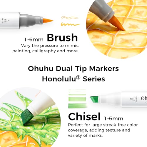 Ohuhu Alcohol Markers Brush and Chisel Tip: 48-Color Double Tipped Art Marker Set for Artist Adults Cozy Coloring Illustrations - Honolulu 2- Brush and Chisel Dual Tips- Refillable - AP Certificated