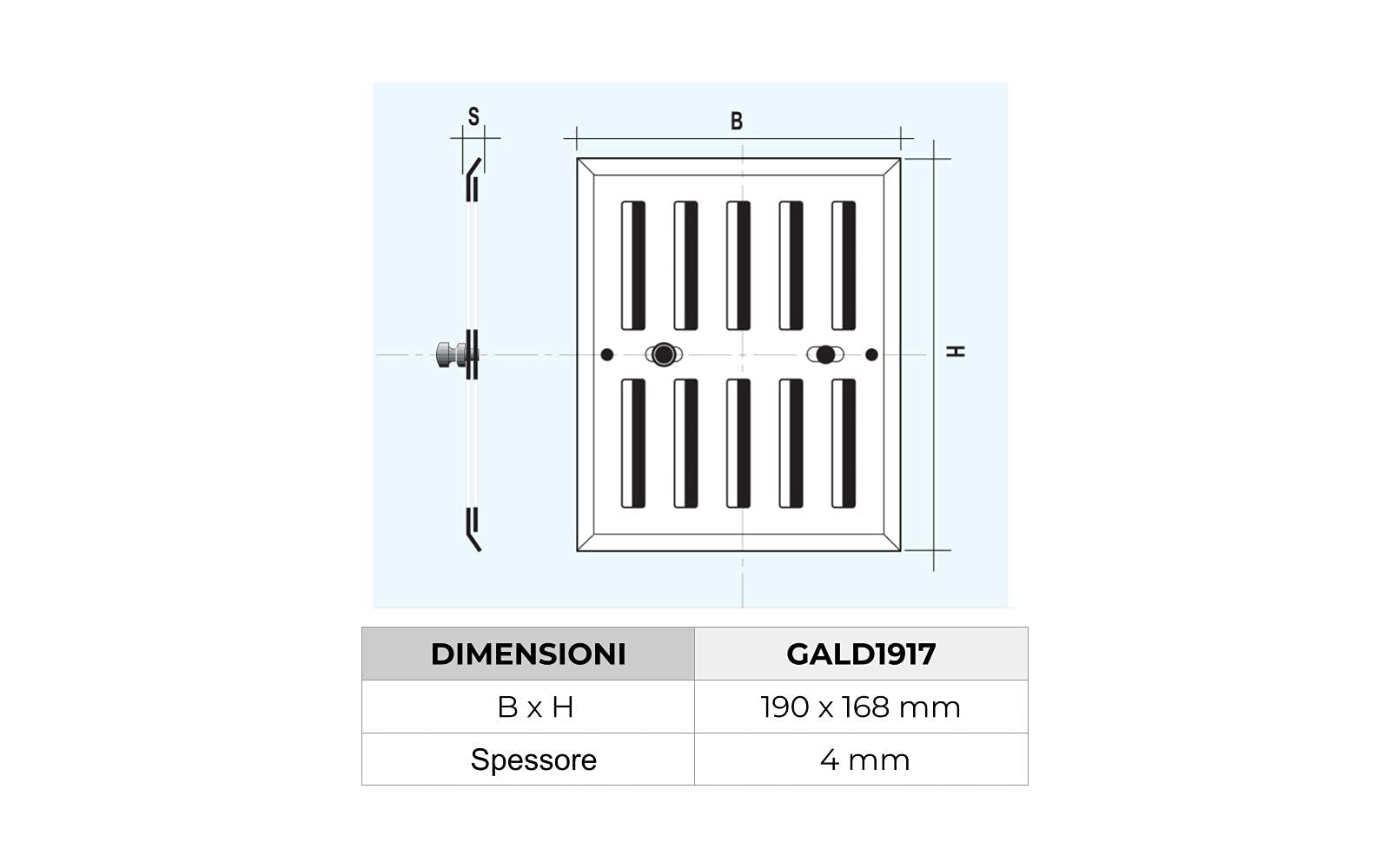 La Ventilation GALD1917 Grille de ventilation rectangulaire en aluminium avec doseur et bouton métallique, dimensions 190 x 168 mm