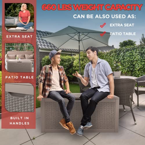 Qfar 100 Gal Deck Box, Large Outdoor Storage Box Waterproof As Porch & Patio Furniture For Pool Toys, Cushions, Pillow, Hose, Gardening Tools, Supplies - Outside Table, Bench For Two, Resin Backyard Storage With Padlock, Uv Resistant Container, Taupe #TOP3