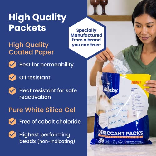 Wallaby 2 Gram (350 Packets) Food Safe Pure White Silica Gel Desiccant Dehumidifier Packs - Rechargeable & Coated Moisture Absorbers - Protects Against Moisture Damage - (Packed In 70X Sets Of 5) #TOP1