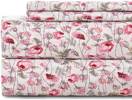 Queen Sheet Set 4PC Printed Pink Flower Sheets Pattern Double Bed Luxury Cooling Soft Microfiber Floral Sheet Queen with 17” Deep Pocket, Easy Care, Breathable, Wrinkle Free, Machine Washable Bedding