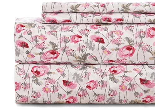 Queen Sheet Set 4Pc Printed Pink Flower Sheets Pattern Double Bed Luxury Cooling Soft Microfiber Floral Sheet Queen With 17” Deep Pocket, Easy Care, Breathable, Wrinkle Free, Machine Washable Bedding #TOP1