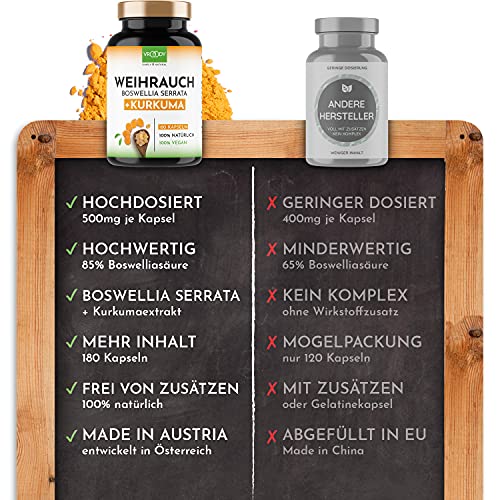 Weihrauch Kurkuma Vergleichssieger, 180 Kapseln hochdosiert Boswellia Serrata 2000mg, 85% Boswelliasäure, 500mg CURCUMA, 95% Curcuminoide Tagesdosis, ohne Zusätze oder chemische Entzündungshemmer