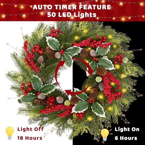 Waipfaru Christmas Wreaths for Front Door, 20 Inch Lighted Christmas Door Wreath Decorations with Lights for Outdoor Window Wall Xmas Winter Decor