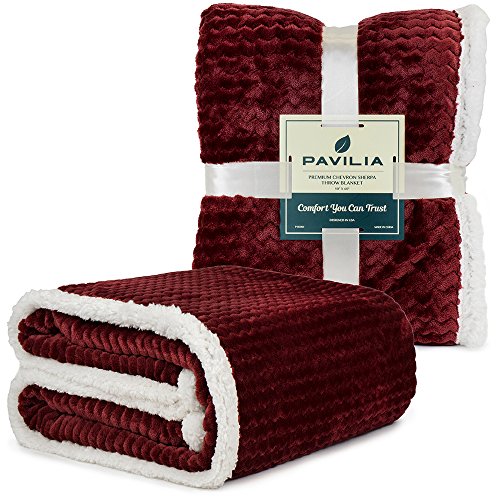 Pavilia Sherpa Blanket Throw For Couch Sofa | Wine Maroon Red Super Soft, Plush Chevron Throw Fleece Blanket | Zig Zag Fuzzy Fluffy Decorative Blanket Microfiber, 50X60 #TOP1