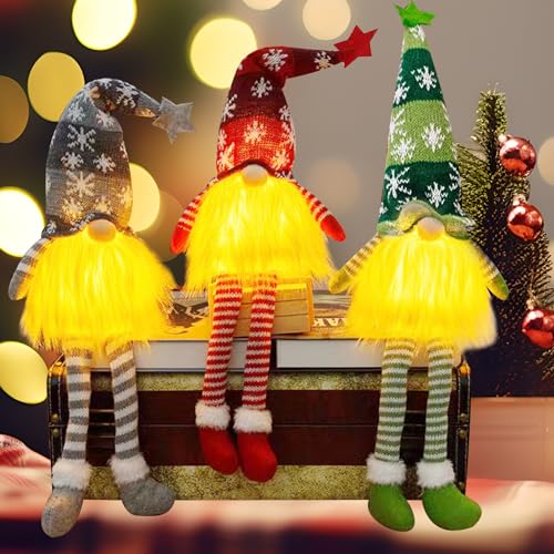 Kinyoda 3 peças ornamentos de Natal gnomo, gnomos de peluche sueco com luz LED, luzes de gnomo de Natal, boneca de pelúcia feita à mão do pai, ornamento de mesa de Natal para porta lareiras mesa