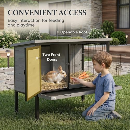 PawHut Elevated Rabbit Hutch with Pull-Out Tray, Wooden Bunny House Rabbit Cage for Outdoor Indoor Use, Openable Plastic Roof, Light Gray - Image 5