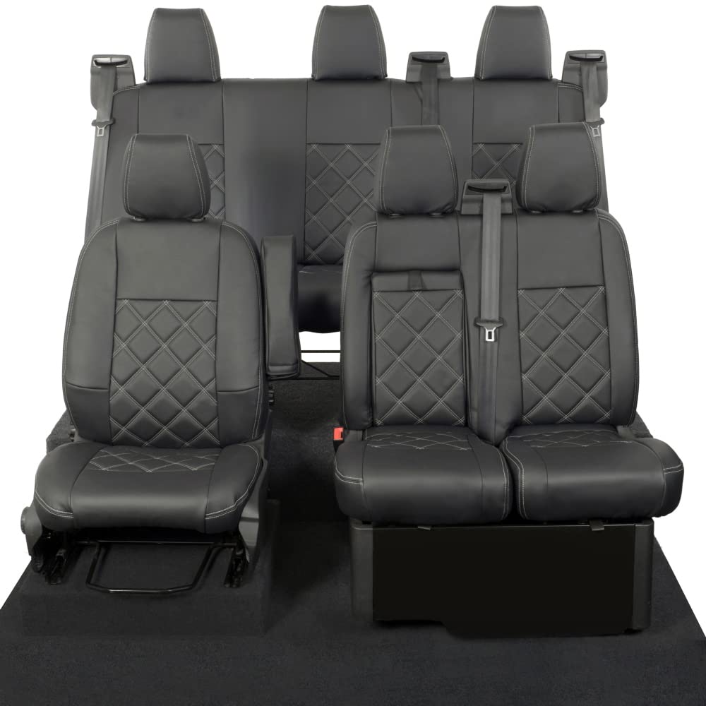 UK Custom Covers Compatible With Ford Transit Custom Crew Cab/DCIV (2013-2023) Tailored Leatherette Bentley Stitch Front & Rear Seat Covers (WITH Pull Down Tray) Black SC237B-540B