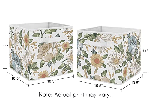 Image of Sweet Jojo Designs Vintage Floral Blue Yellow Foldable Fabric Storage Cube Bins Boxes Organizer Toys - Set of 2 - Slate Green Gold Orange Taupe Beige Shabby Chic Rose Flower Boho Bohemian Farmhouse