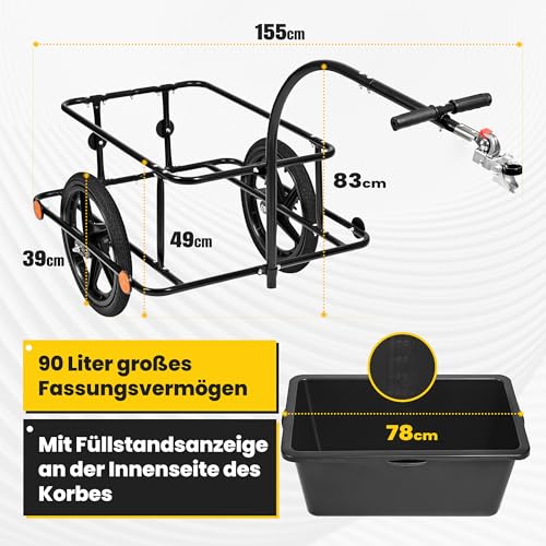SAMAX Lastenanhänger Fahrradanhänger 90 Liter 80 Kg mit Kupplung Schutzplane und Verbindungsschelle - Transportanhänger Fahrrad Anhänger Handwagen mit Kunststoffwanne in Schwarz - Mountain