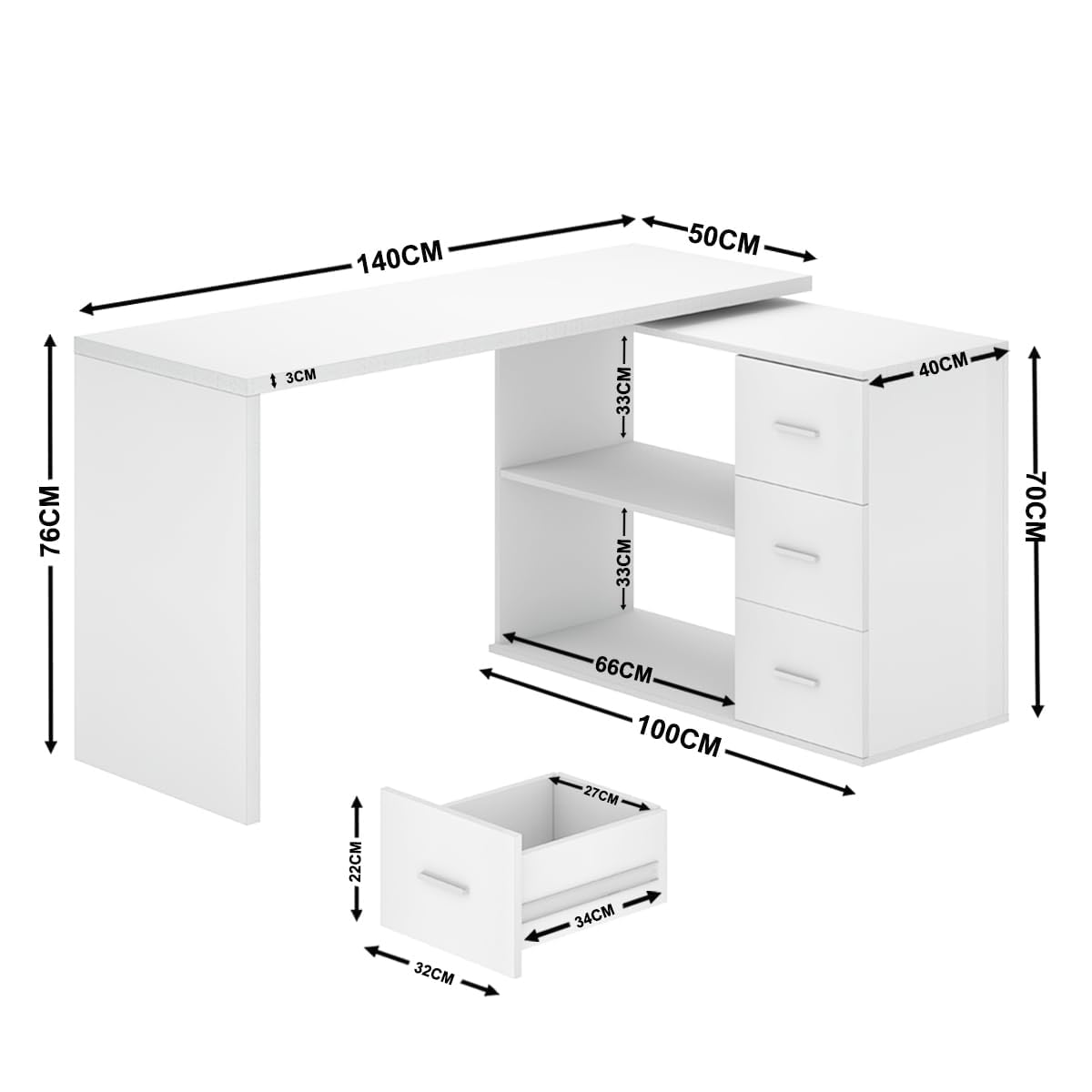 HSH 140cm Schreibtisch Weiß L Form Modern Umkehrbarer Eckschreibtisch | Bürotisch mit Stauraum für Homeoffice Computertisch mit 3 Schubladen und 2 Regalen für Büro