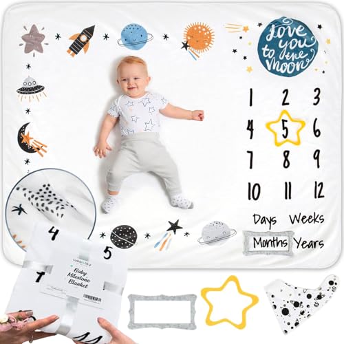 Image of Luka & Lily Baby Milestone Blanket - Ultra Soft Fleece Monthly Milestone Blanket for Baby Girl and Boy - Perfect for Baby's First Year Growth Chart - Monthly Baby Milestone - Outer Space - 60"x40"