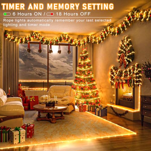 66FT 200 LED Rope Lights for Outside, Connectable Rope Lights Outdoor Waterproof with 8 Modes, Plug in Christmas String Lights for Outside, Indoor, Bedroom, Garden, Patio, Pool Decor, Warm White