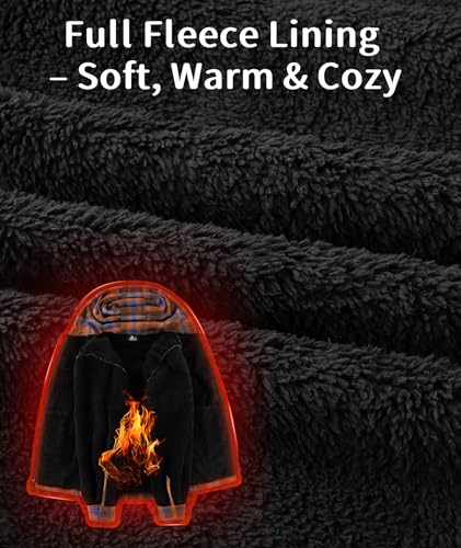 Image of V VALANCH Men's Sherpa Lined Flannel Jacket with Hood - Zip Up Plaid Shirt Jacket Winter Outdoor Warm Outerwear Fleece Coat