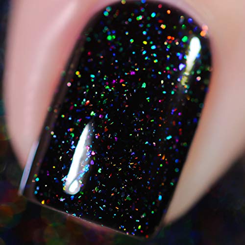 Image of ILNP Party Bus - Black Rainbow Flake Holographic Shimmer Nail Polish, Chip Resistant, 7-Free, Non-Toxic, Vegan, Cruelty Free, 12ml