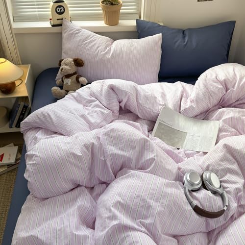 Image of VM VOUGEMARKET Pink Striped Duvet Cover Set Queen Size,Casual Stripe Bedding Set for Teens Girls,Soft Microfiber Comforter Cover for Modern Bedroom,90 inchx90 inch