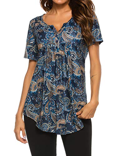 Halife Women's Floral Printed Short Sleeve Henley V Neck T-Shirt Pleated Casual Flowy Tunic Blouse Tops4