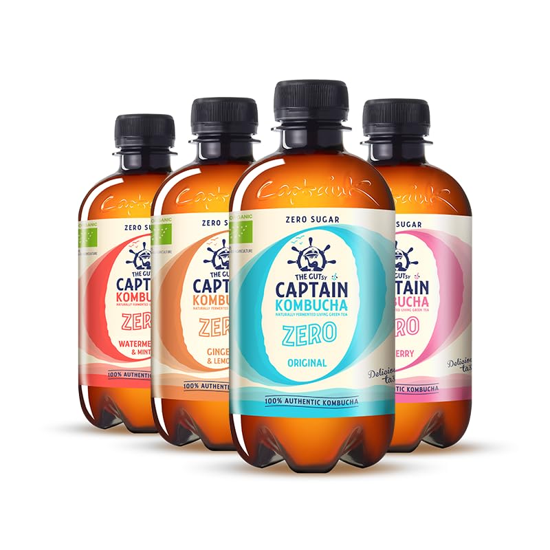 Gutsy Captain Kombucha ZERO Trial Pack - ZERO Calories, Zero Sugar - Bio Kombucha Tee, Lebendige Kulturen, Keine Konservanten, Unpasteurisiert, Roh und Vegan - 4 x 400ml ZERO (MixBox)