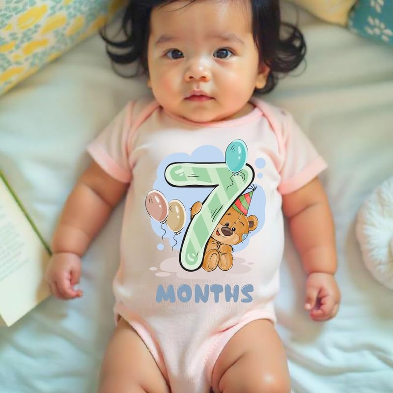 Image of Knitroot Monthly Birthday Teddy Special, Newborn Baby Half Sleeve Unisex Romper, Onesies, Sleepsuit, Body Suit, Envelope Neck, 1 to 12 Months Print, 0-12 Months, Infant Cloth for Boys & Girls