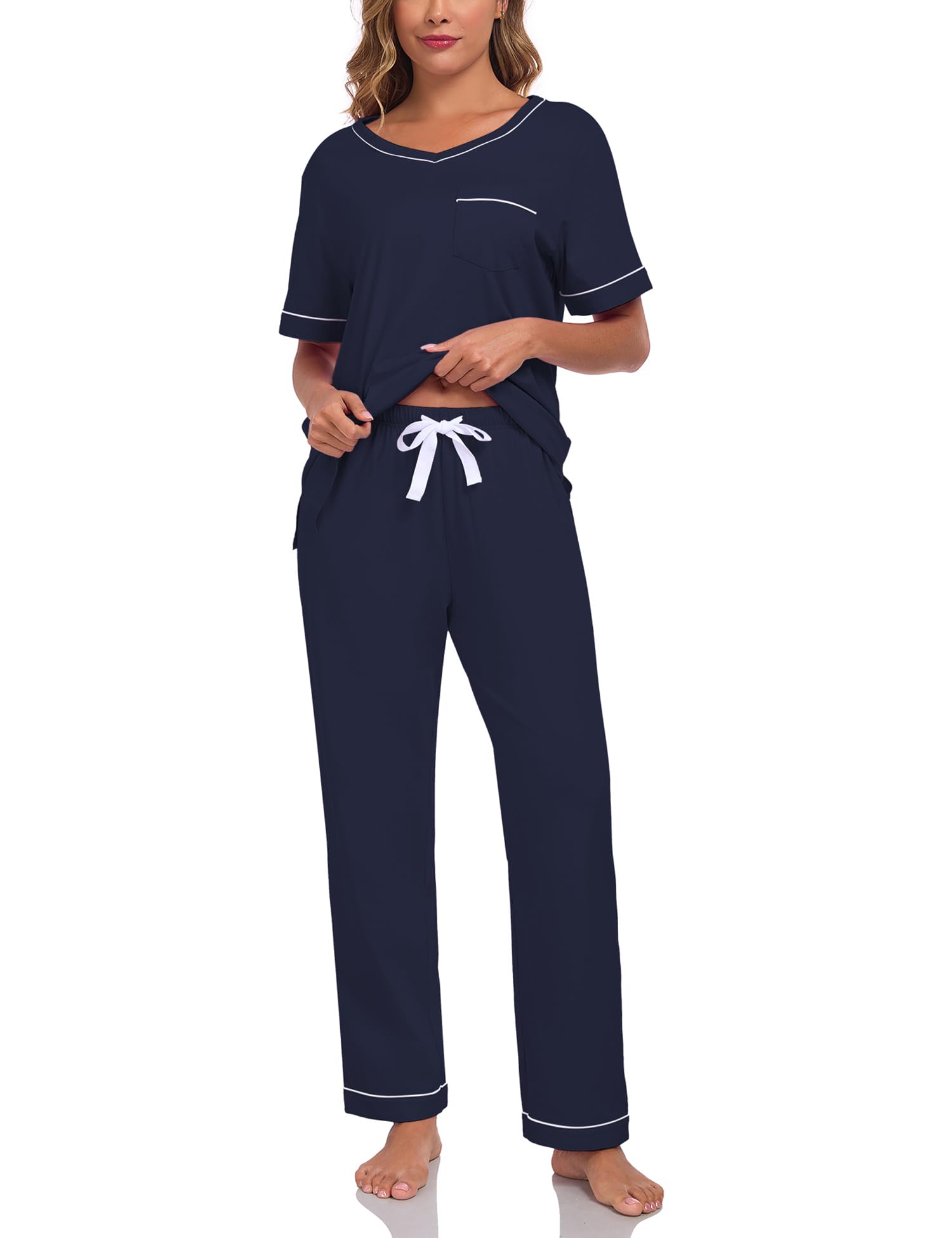 COLORFULLEAF Pyjama 2 pièces 100 % coton pour femme - Col en V - Manches courtes - Pantalon long