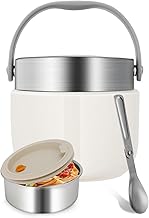 1200ml Hot Food Thermos Container with Folding Spoon, Stainless Steel Thermal Food Mug, Soup Cup, Noodles (White)