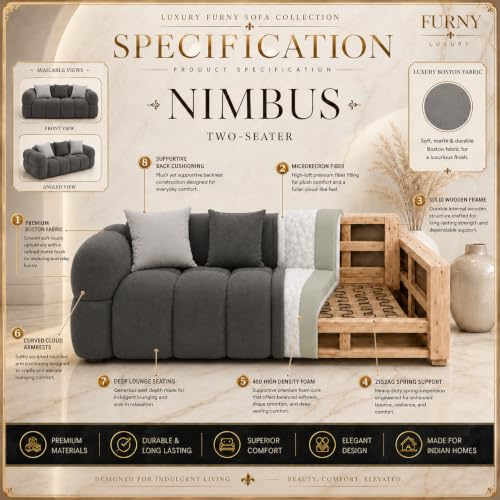 Image of FURNY Luxury Nimbus 2 Seater Bubble Cloud Sofa Set for Living Room | Boston Fabric Upholstered | Modern Cushioned Comfortable Couch for Home Office & Drawing Room | Ash Grey