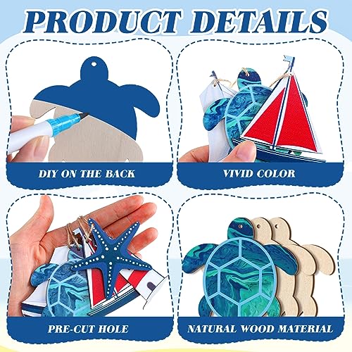 Tradder 36 Pcs Beach Wooden Ornaments for Tree Nautical Hanging Decorations Wood Beach Tree Ornaments Mini Anchor Sea Life Starfish Sailboat Coastal Decor for Summer Home Fishing Net Craft Sailor Gift - Image 6