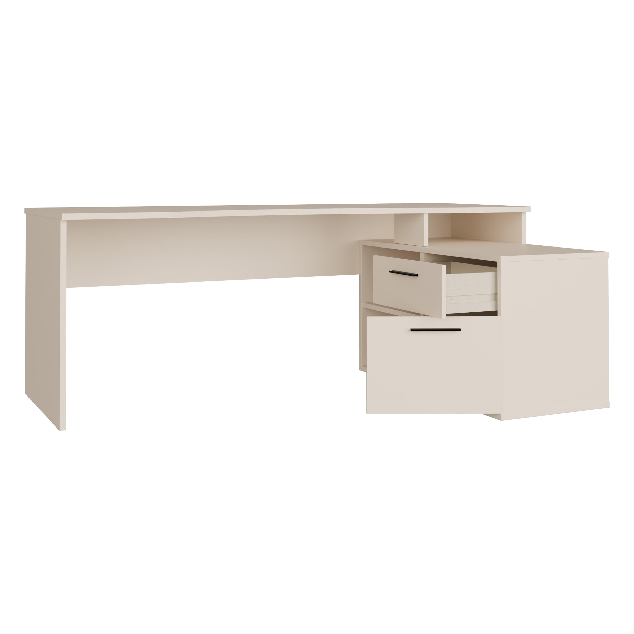 Forte TEZAUR Schreibtisch 200, moderner Schreibtisch in L-Form mit integriertem Schrank, Büro, Jugendzimmer, Holzwerkstoff, Kaschmir Beige, 200 cm breit x 75,7 cm hoch x 121,8 cm tief