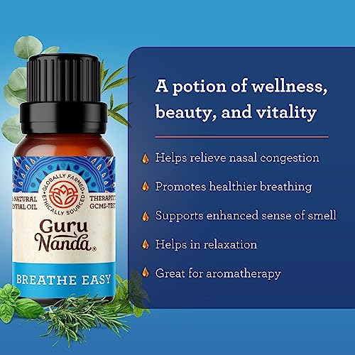 Gurunanda Breathe Easy Essential Oil (Pack Of 2X 0.5 Fl Oz) - 100% Pure Therapeutic Grade, Undiluted Eucalyptus & Peppermint Oils For Aromatherapy - Aids In Nasal Congestion Relief & Healthy Breathing #TOP2