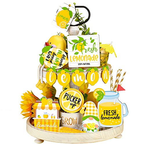 Yalikop 11 Pieces Lemon Tiered Tray Decor Set Gnome Fresh Lemonade Wooden Sign Yellow Lemon Wood Blocks Standing Sign Summer Tray Decor for Home Summer Kitchen Table Decoration(Lemon Style)