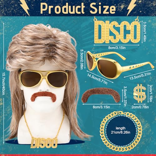 6er Herren Vokuhila Perücke, 70er 80er Jahre Kostüm Accessoires mit Assi Perücke,Brille,Bart,Halskette,Ring,Armband Herren Vokuhila Perücke für Rocker Disco Punk Hippie, Karneval Fasching Perücke