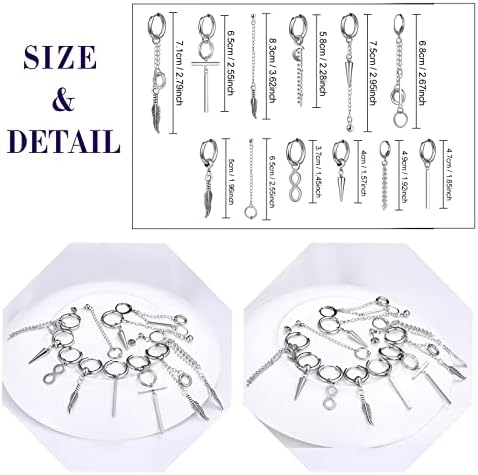 Feilok 12 Pcs Stainless Steel Silver Huggie Hoop Stud Earrings for Men Set Piecing Jewellery for Women Men
